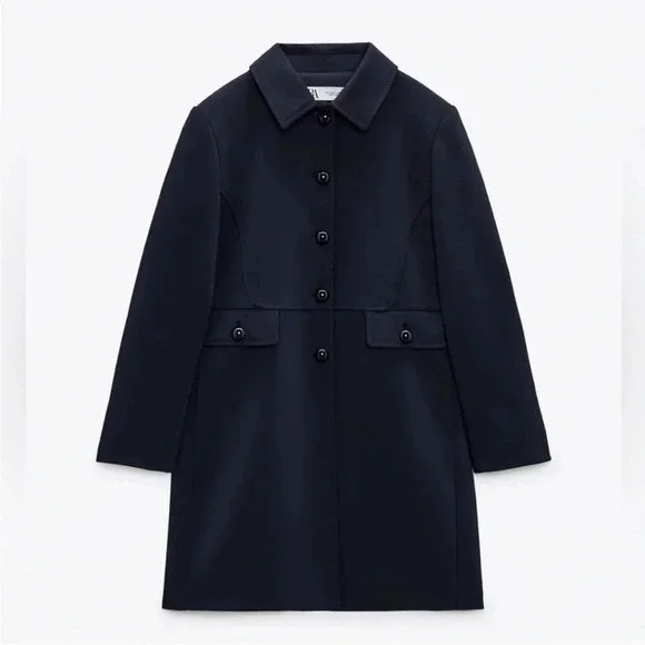 Zara Navy Blue Luxury Lapel Collar Long Sleeves Short Pocket Coat Medium NWT - Picture 2 of 9